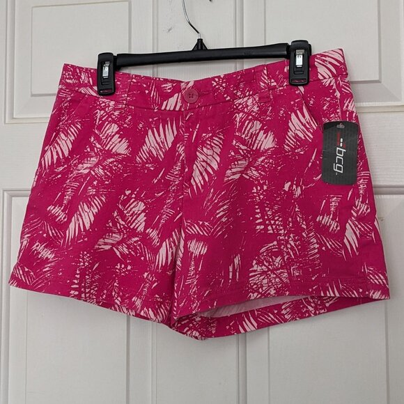 BCG Shorts Womens Sz 8 Pink White Tropical Palm Leaf Print Stretch Summer Beach - Picture 1 of 10